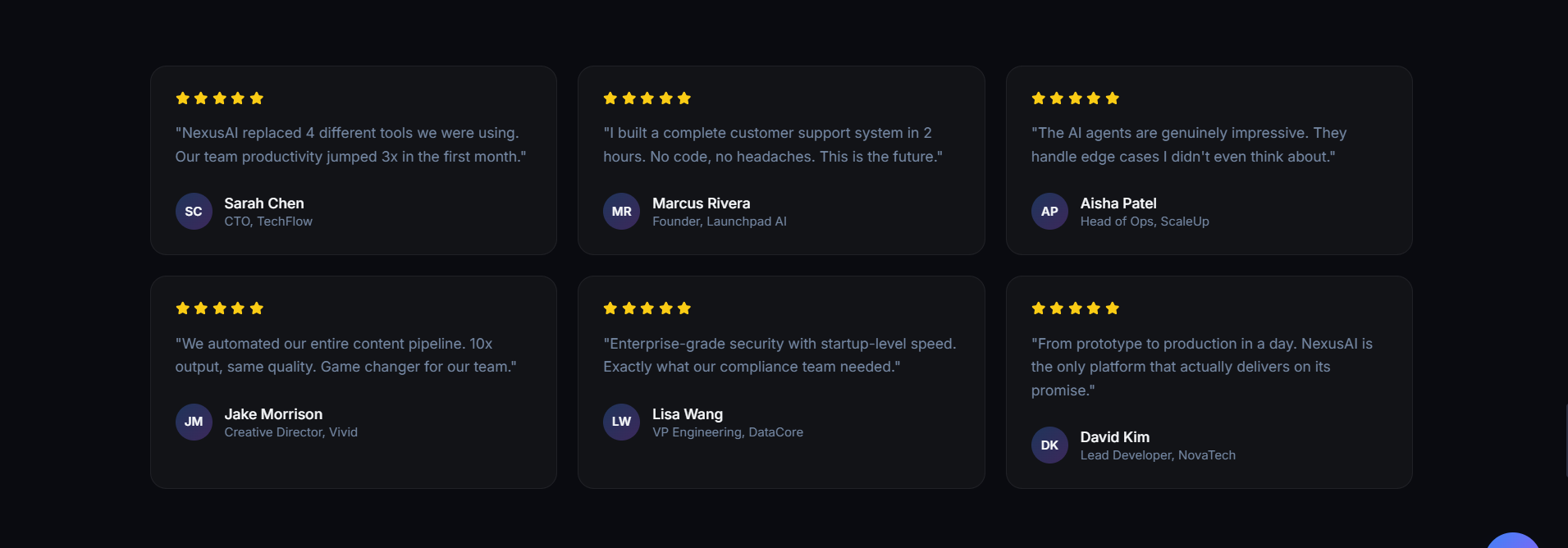 NeuroAgentix testimonials grid with customer quotes